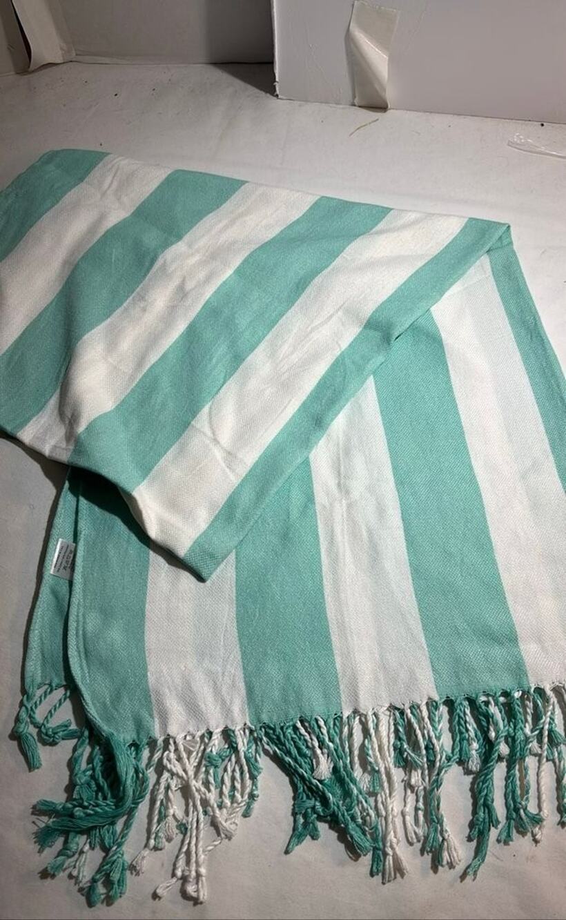 Turkish Cotton Striped Mint Green And White Towel with Fringe